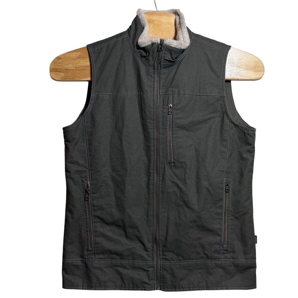 Kuhl Burr Vest Mens Medium Dark Olive Green Canvas Full Zip Fleece Collar 1057